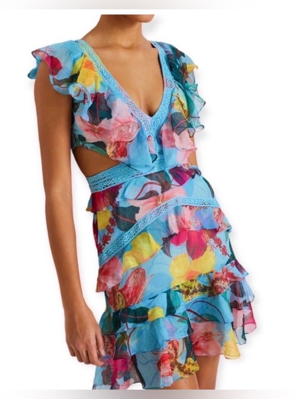 PatBO Hibiscus Cut Out Mini Dress Silk Floral V Neck Ruffle Resort Glam